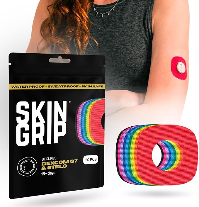 Skin Grip Adhesive Patches Compatible with Dexcom G7 & Stelo CGM with Cutout – Waterproof & Sweatproof Cover for Continuous Glucose Monitor Sensor, Stays Secure for 10-15 Days – 20 Pack, Rainbow Pack