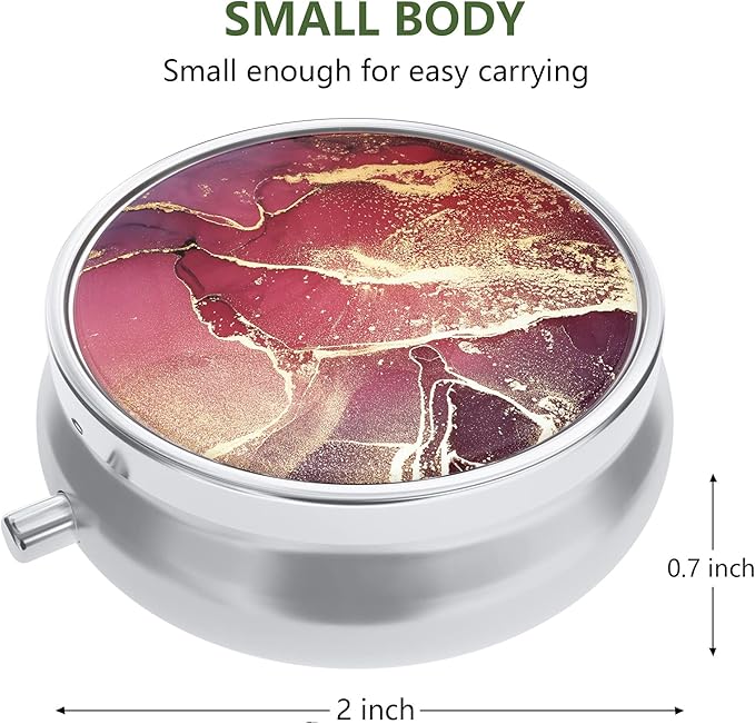 Nipichsha Pill Box, Small Pill Case for Purse & Pocket, Cute Travel Medicine Organizer, Portable Medicine Container Holder to Hold Vitamins, Medication, Fish Oil & Supplements, Red Marble