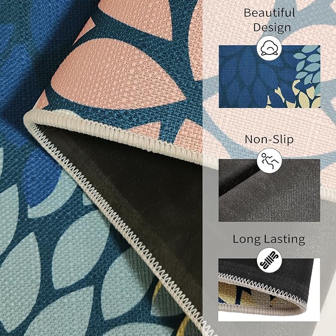 Blue Kitchen Mat Set of 2, Non Slip Boho Kitchen Rug for Floor,Farmhouse Outdoor Doormats Linen Runner Rug Washable Standing Mats for Entryway,Laundry,Office,Hallway 17"x47"+17"x30"