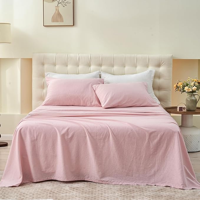 Simple&Opulence Belgian Linen Sheet Set Solid Color - 4 Pieces (1 Flat Sheet & 1 Fitted Sheet & 2 Pillowcases) Natural Flax Cotton Blend Soft Bedding Breathable Farmhouse - Pale Pink, King Size