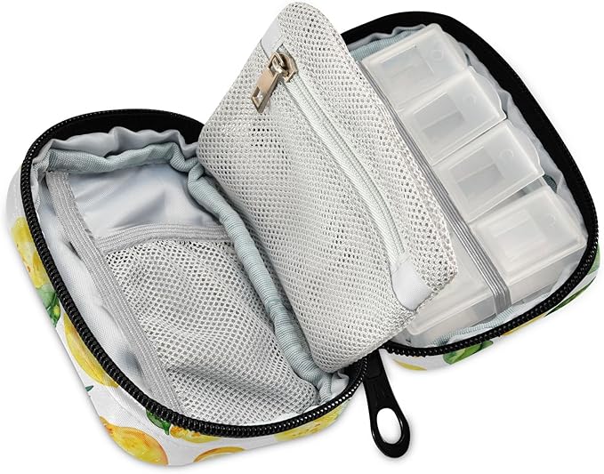 Yellow Lemons and Green Leaves Travel Pill Cases Bag, Weekly Pill Case Portable 7 Days Cute Pill Organizer with Zipper