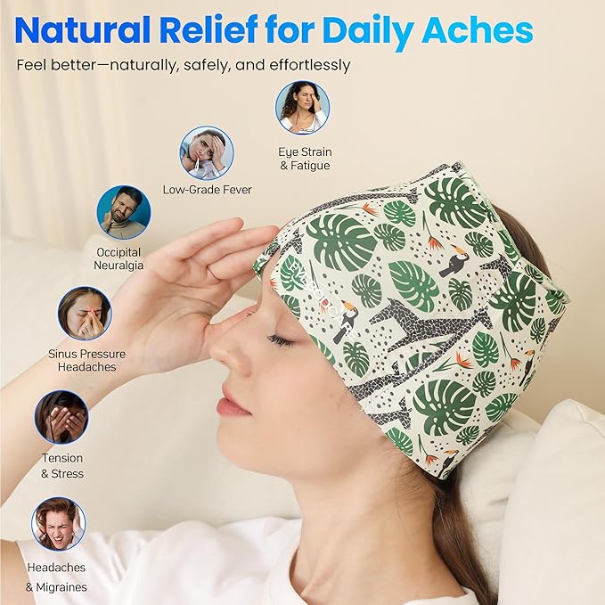 Migraine Relief Cap, Reusable Headache Relief Cap with Hot & Cold Therapy, Soothing Headache Hat, Odorless Gel Ice Head Wrap for Tension, Stress, Sinus & Headache, Rainforest Style, 1Pc
