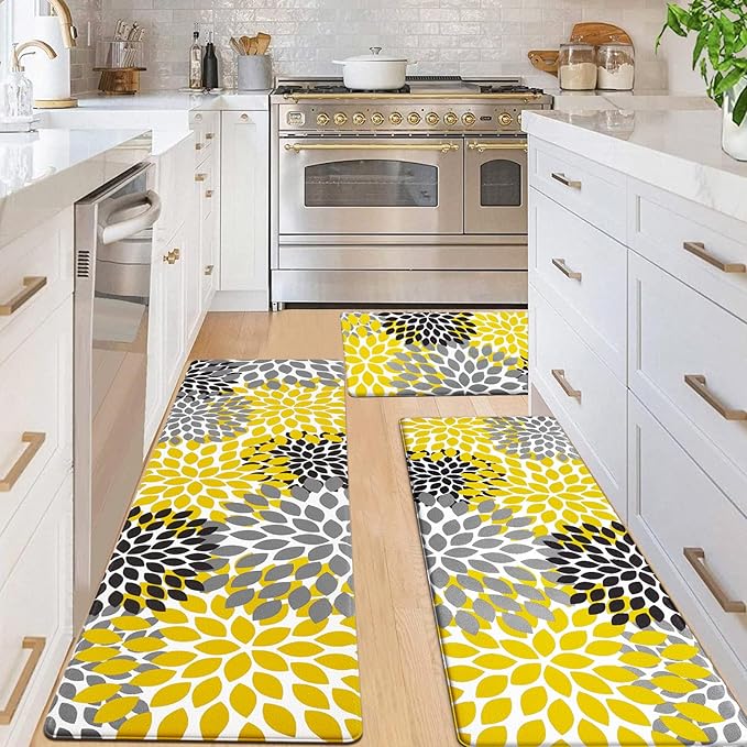 Likiyol Kitchen Mats for Floor [3 PCS] Anti-Fatigue Comfort Kitchen Rugs, Boho Flower Cushioned Waterproof Decor Mat Thick, Standing Floor Mats for Home/Office, 18''x30''+18''x48''+18''x60''(Yellow)