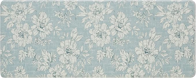 Laura Ashley - Anti-Fatigue Kitchen Mat, Iris Floral Design, Stain, Water & Fade Resistant, Cooking & Standing Relief, Non-Slip Backing, Measures 17.5" x 60", Light Blue