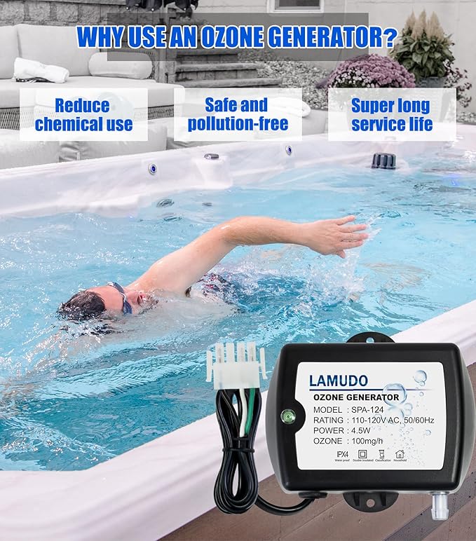 Ozone Generator for Hot Tub and Cold Plunge, SPA-124 Ozonator for Swim Spas, Mini Portable Ozone Machine with Check Valve and Tubes, Replace HCD-55(AMP-4 Plug)