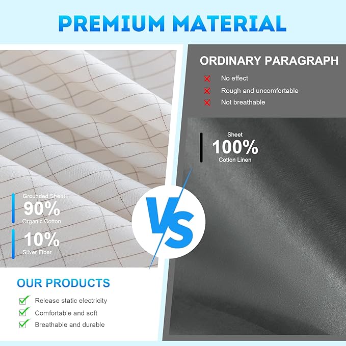 Levoo Grounding Sheets King 90% Organic Cotton + 10% Pure Silver Fitted Grounded Sheet for Healthy Sleep Therapy Earth Connected Bed Sheet with Long Grounding Cord (White 78"x 80"x 16")