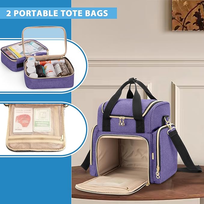 LUXJA Large Medicine Bag with 2 Removable Cases, Medicine Storage Bag with Multiple Storage Sections (Suitable for Travel or Home), Purple