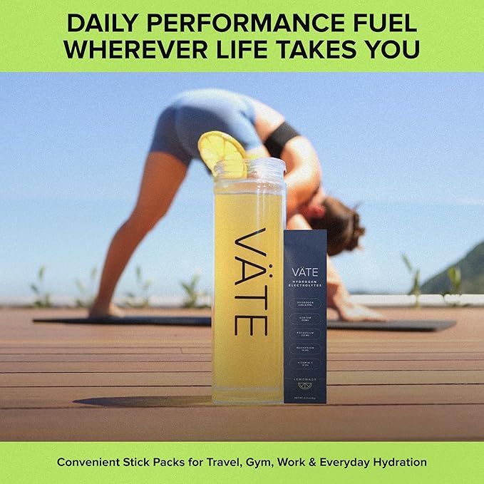 VATE Hydrogen Water + Electrolytes Powder Packets, 8 PPM Molecular Hydrogen + Electrolytes for Hydration, Focus & Recovery, Packets with Magnesium, Potassium, Vitamin C, 30 Count - Lemon