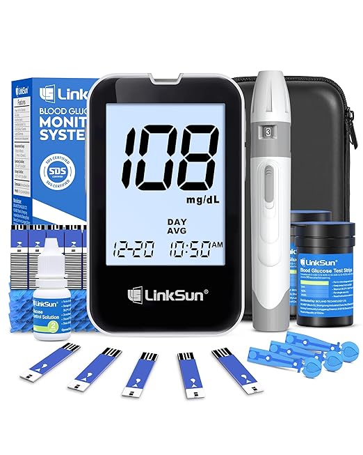 G-425-2V Blood Glucose Monitor Kit, 100 Test Strips, 100 Lancets, High Accuracy Blood Sugar Monitor, Lancing Device, Control Solution & Travel Diabetic Organizer Bag, Large Display, No Coding