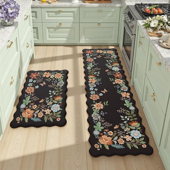 Collive Anti Fatigue Mats for Kitchen Floor, Scalloped Cushioned Comfort Kitchen Rugs Set of 2 Waterproof Non Skid Padded Kitchen Floor Mat, Boho Floral Rug Black Standing Carpet for Office, Laundry