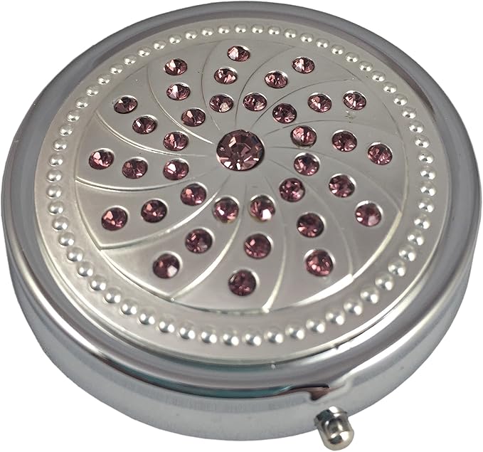 Purple Amethyst Silver Pill Box – Round 3-Compartment Metal Pill Organizer, Compact 2-Inch Travel Pill Case for Purse or Pocket
