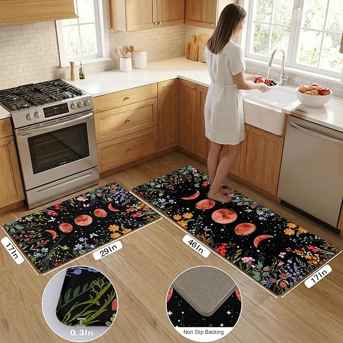 Kitchen Rug Mats for Floor Cushioned Anti Fatigue Black Kitchen Rugs Sets of 2 Moon Garden Floral Non Slip Waterproof Comfort Memory Foam Standing Floor Mat for Office Laundry Sink Desk