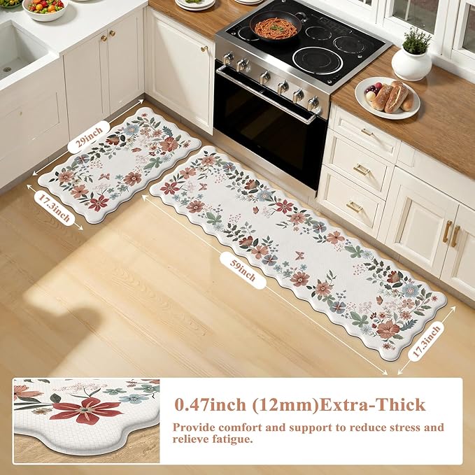 Collive Anti Fatigue Mats for Kitchen Floor, Scalloped Waterproof Kitchen Rugs Sets of 2 Padded Floral Rug, Memory Foam Comfort Standing Mat Non Slip for Office, Sink, Laundry, Beige