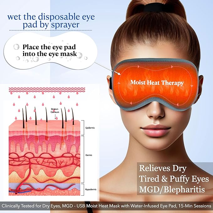 Heated Eye Mask for Dry Eyes Relief - with Hygienic Eyelid Pads, USB Powered Steam Warm Compress, Heating Pad with Temperature Control, Portable Care for Travel Home Use - Blue