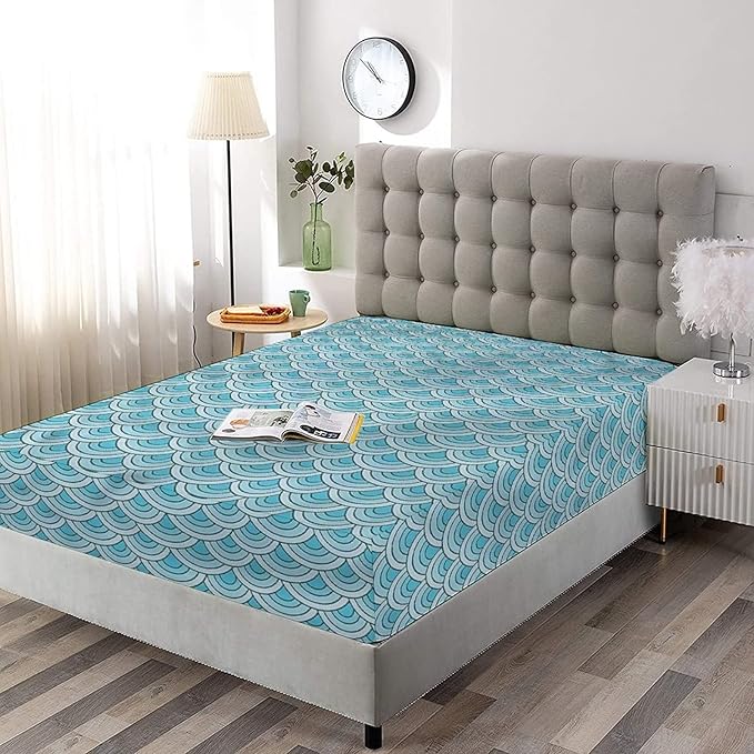 Decorative Fitted Sheet Set Cal-King Size, Aqua Deep Pockets Fitted Sheet & 2 Pillow Sham Set(No Flat Sheet), Japanese Wave Squama Pattern Printed Microfiber Bedding 3pc Set, for Women & Men Bedding