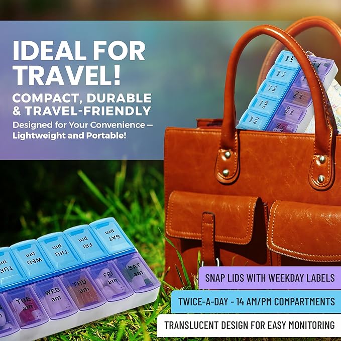 MEDca Pill Organizers - Small Pill Organizer with Weekly and Daily 2-Times-A-Day Compartments for AM/PM - BPA-Free, Portable and Travel Friendly Pill Boxes Case (2-Pack)