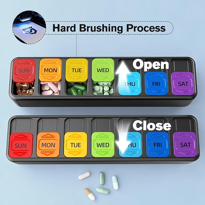 Restree Weekly Pill Organizer Once a Day, Daily Medicine Organizer with Slide-Lid, 7 Day Portable Travel Pill case, Vitamin & Supplement Organizer (Black)