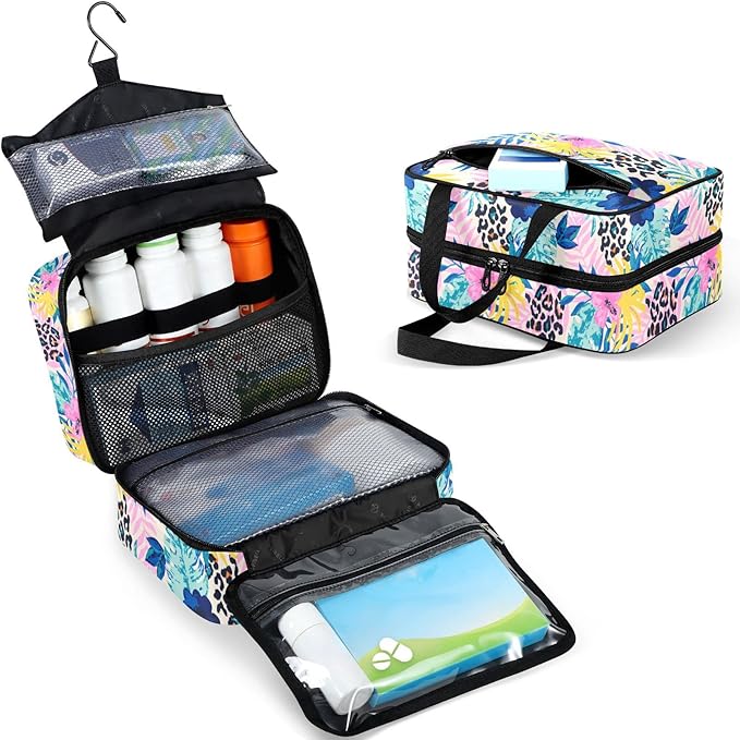 Naanle Pill Organizer Bag Travel Pill Bottle Medicine Organizer Home Storage Medication Bag for Vitamin Supplements, Leopard Spots Palm Leaves Empty First Aid Bag for Car Camping, 1.0 Count