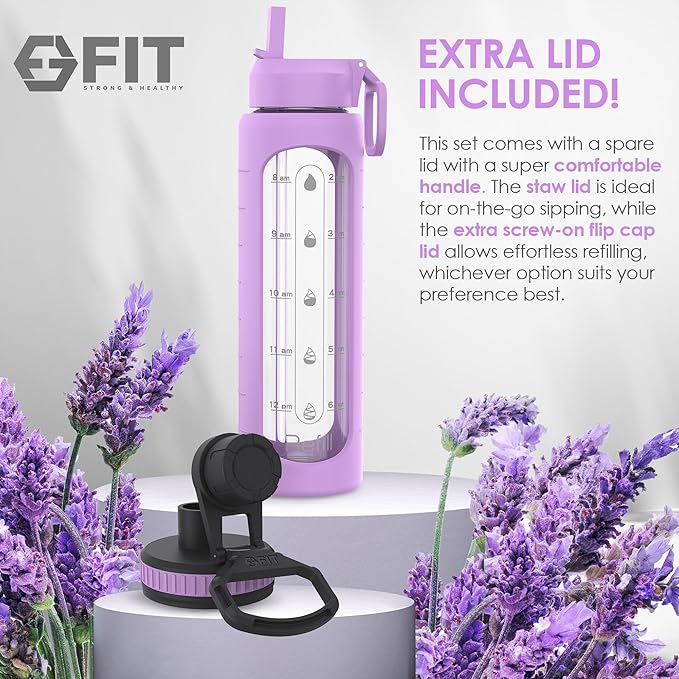 FIT Strong & Healthy 32 oz Glass Water Bottle with Straw Lid - Wide Mouth Borosilicate Glass Water Bottles with Time Marker, Silicone Sleeve & Extra Lid - 1L Large Motivational Drinking Bottle