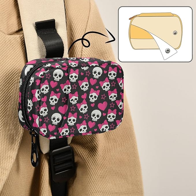 Travel Pill Organizer Bag Weekly Pill Organizer Case Pink Hearts and Skulls Portable Small Daily Pill Boxes for Vitamin Fish Oils Supplement Holder with Zipper Compact Size