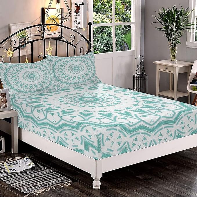 XISUNYA Decorative Fitted Sheet Set Queen Size, Aqua Deep Pockets Fitted Sheet & 2 Pillow Sham Set(No Flat Sheet), Mandala Tribal Design Tie Dye Floral Leaves Art Printed Microfiber Bedding 3pc Set