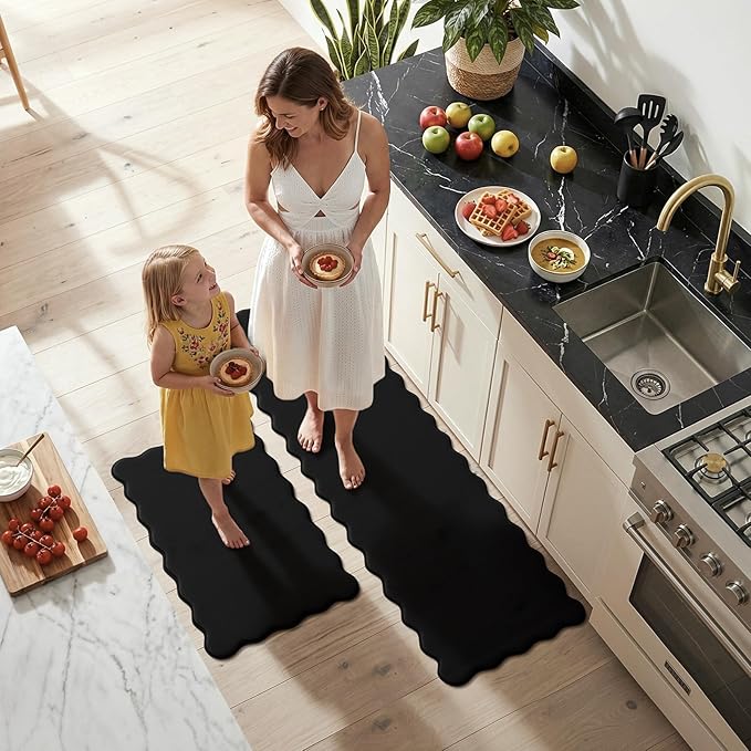 KIMODE Scalloped Kitchen Mats for Floor Cushioned Anti Fatigue,Wavy Kitchen Sink Rugs Sets of 2 Non Slip,Comfort Memory Foam Kitchen Floor Mat Carpet for Office Laundry,Black