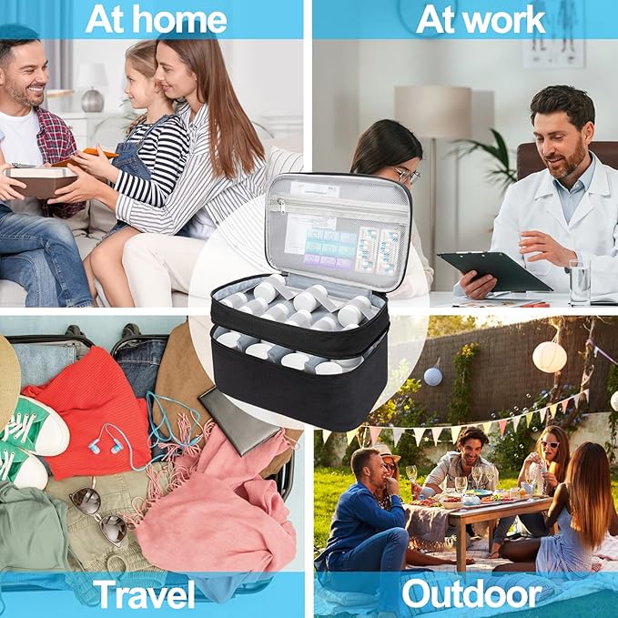 Medicine Organizer Bag, Dual Layers Pill Bottle Organizer Storage Bag with Adjustable Divide, Medication Travel Bag for Pills, Vitamins, Medical Supplies for Home with Pill Carrying Bag&Pill Pouch Bag