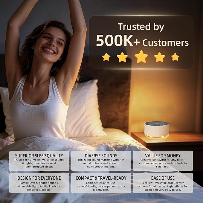 Kipcush White Noise Machine with Night Light – Nursery Sound Machine with Soft Non-Glare Lamp, 30 Soothing Sounds, 8 Color Lights, Up to 8-Hour Timer for Baby & Adults