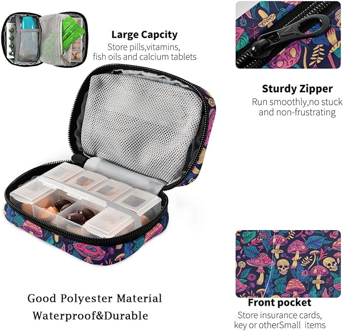 Fustylead Bright Psychedelic Mushrooms Plants and Skull Travel Pill Organizer Case Zipper for Purse with Removable Weekly Pill Box for Medicine, Vitamin, Supplement Medicine Organizer