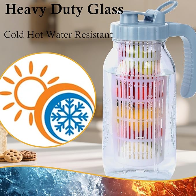 64 Oz Glass Mason Jar Pitcher With Infuser Lid Half Gallon Mason Fruit Infused Water Pitcher 2 Quart Wide Mouth Sun Tea Jar For Outside For Fridge Lemonade, Beverage,Milk,Juice, Cold Brew Container