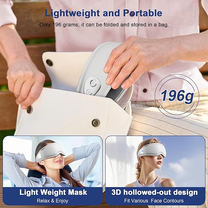 Eye Massager with Heat, 5 Massage Modes, Bluetooth Music, Soft Lightweight Foldable & Portable, IP65 Waterproof Sleep Mask, Gifts for Eye Care Strain Relief and Relaxation