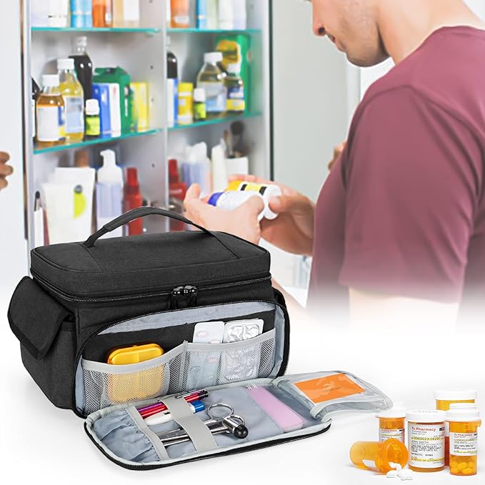 CURMIO Medicine Storage Bag Empty, Lockable Pill Bottle Organizer with Portable Zippered Pouches for First Aid Kits, Medicine Box for Home and Travel, Black (Patent Pending)