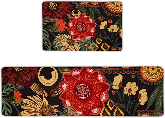 Black Boho Floral Long Kitchen Mats Rugs Sets of 2 Cushioned Anti Fatigue Floor Mat Comfort Kitchen Rugs Farmhouse Style Non Slip Waterproof Mid Century Botanical Standing Mat for Sink Laundry