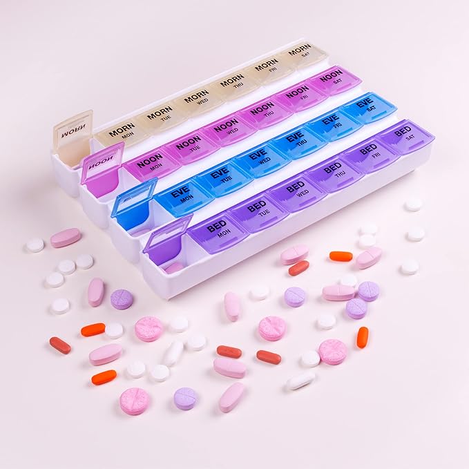 Apex 7-Day Mediplanner Pill Organizer, Weekly Pill Organizer, 4 Times A Day Color-Coded, Easy-Open, See-Through Lids, Organize Medication Or Vitamins by AM, PM, Evening and Bedtime