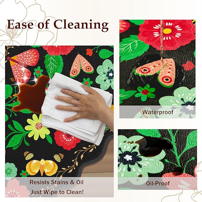 Scalloped Black Kitchen Mats for Floor 2PC Cushioned Anti Fatigue Kitchen Mats Rugs Waterproof Non Slip Farmhouse Boho Floral Comfort Foam Standing Mat for Sink Laundry