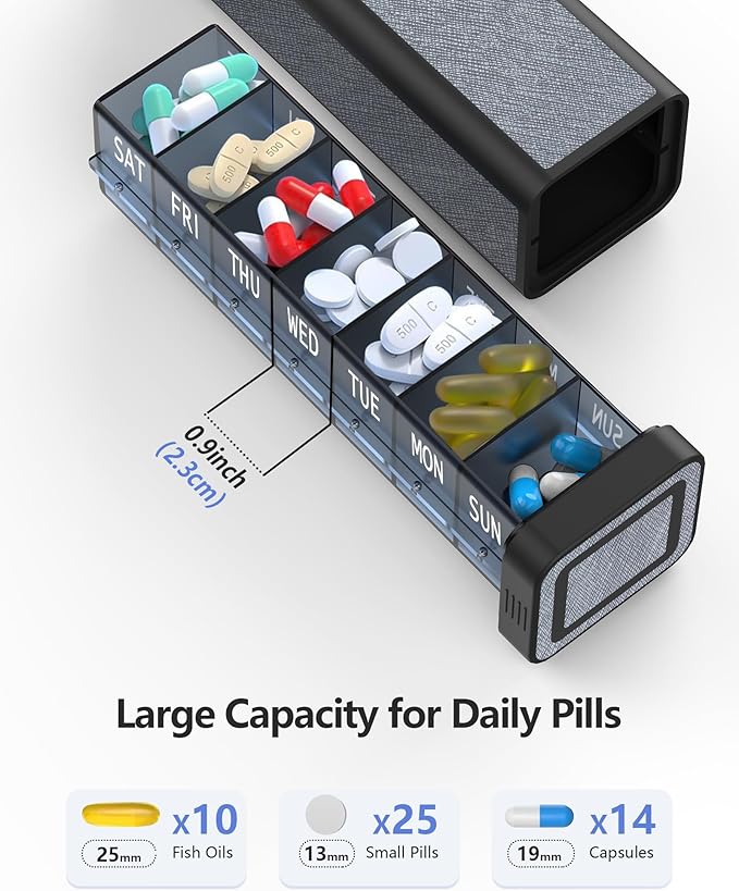 Weekly Pill Organizer 7 Day, Discreet Leather Pill Case for Purse or Pocket, Easy Slide-Out Daily Medication Planner, 1 Time a Day Travel Vitamin and Supplement Holder (Silver)