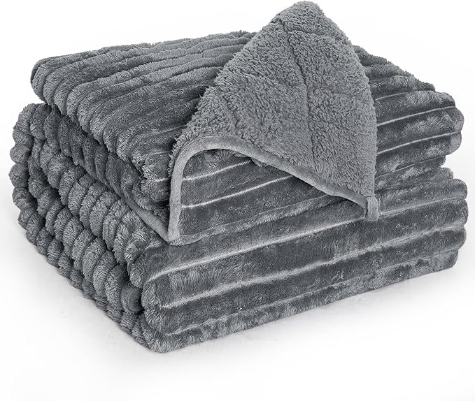 Sherpa Fleece Weighted Blanket with 3D Ribbed Stripes, 15 lbs Soft Flannel Heavy Throw Blanket for Couch Bed Sofa, Heavy Thick Blankets with Glass Beads, Great for Sleep, 48" x 72"