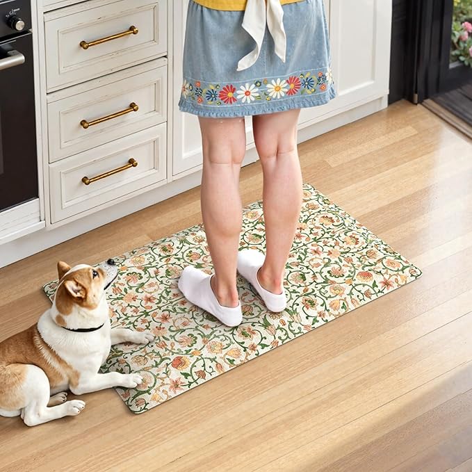 KIMODE Padded Kitchen Floor Mats Cushioned Anti Fatigue,Comfort Memory Foam Ergonomic Standing Carpet for Office Desk,Boho Vintage Sink Rug Non Slip for Laundry,Green/Orange 17.3"x28"