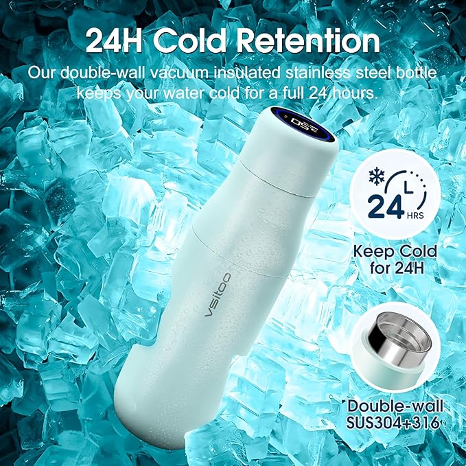 VSITOO 14.8oz Mini Smart Self-Cleaning Water Bottle，Small Insulated Stainless Steel Thermoses with AI Self-Clean, 30-Day Battery & Magnetic Charging for Travel, Gym, Office or Purse, Blue
