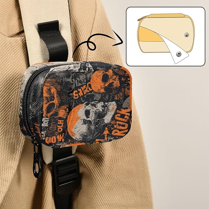 Orange and Grey Vintage Rock Skulls Travel Pill Organizer Case Box Container Weekly Portable Vitamin Medicine Holder Storage Bag with Zipper Removable