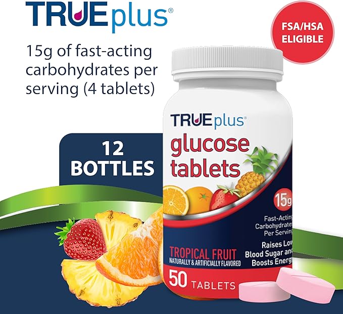 TRUEplus Glucose Tablets, Chewable, Tropical Fruit Flavor, 15g Fast-Acting Carbohydrates, Fat Free, Gluten Free, Raise Low Blood Sugar and Boost Energy, 50 Count, 12 Bottles