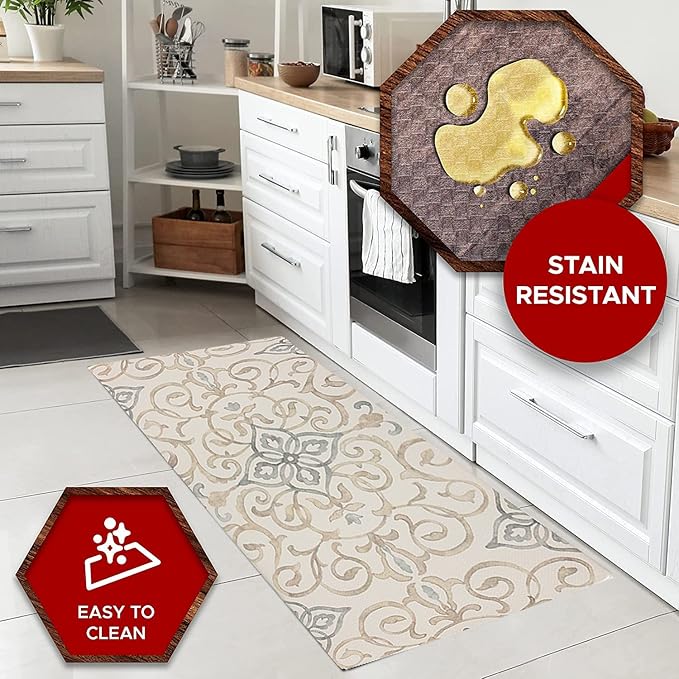 J&V TEXTILES Oversized 20"x39" Anti-Fatigue Embossed Floor Mat (Rustic Medallion Cream