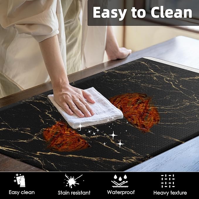 Arttown Anti-Fatigue Kitchen Rug Set of 2 Marble Black Gold Abstract Cushioned Floor Mat, Standing Waterproof Non-Slip Mat and PVC Ergonomic Comfort Foam Rug for Kitchen