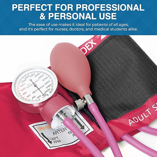 PrimaCare Medical DS-9197-PK Professional Classic Series Manual Adult Size Blood Pressure Kit, Emergency Bp kit with Stethoscope and Portable Leatherette Case, Nylon Cuff, Pink