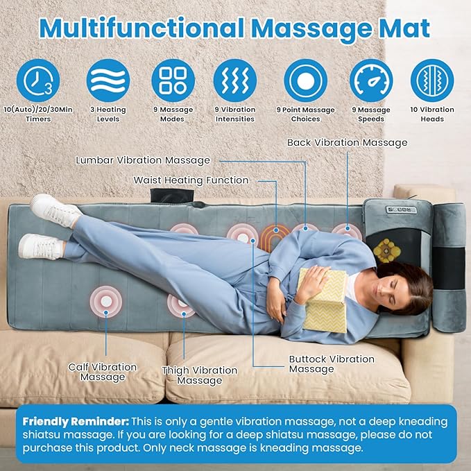 Moclever Full Body Massage Mat with Heat – Vibration Massage Pad for Back, Neck, Foot & Lumbar Support – Foldable Cushion Mattress with Timer & Adjustable Intensity for Home or Office Use