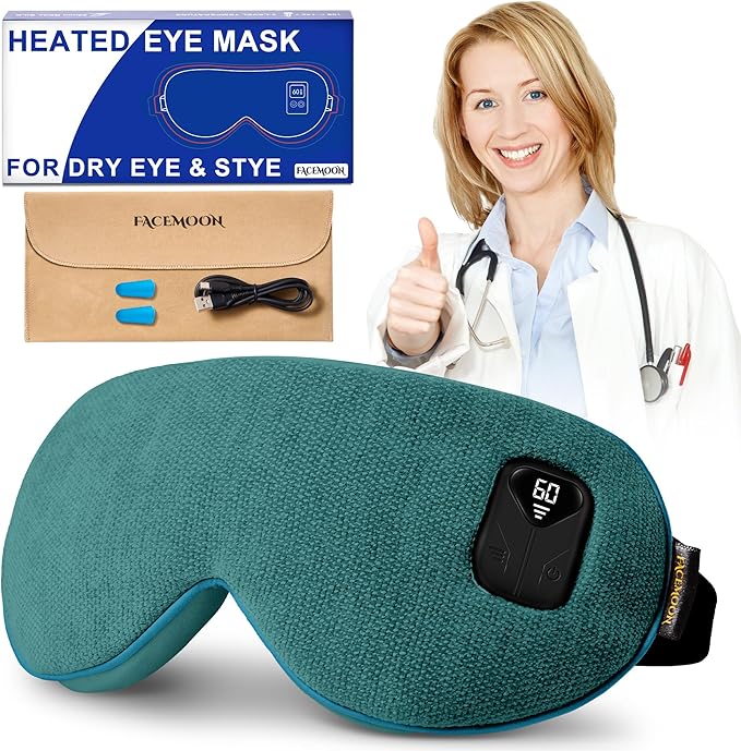 FACEMOON Heated Eye Mask for Dry Eyes: Electric Warm Compress for Blepharitis Stye Tired Eyes - Cordless Heat Relief Heating - Stable Temp 1500 Mah Rechargeable Washable Green