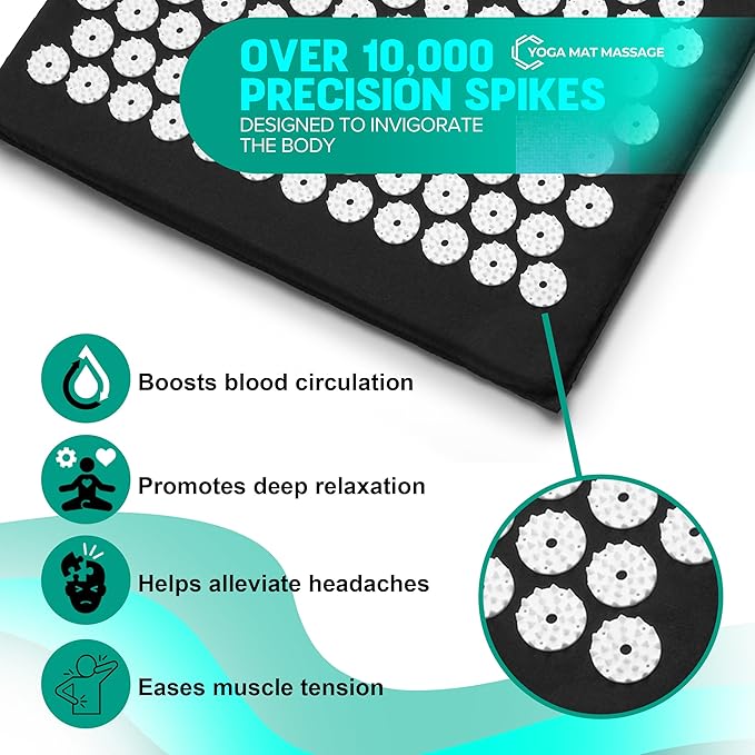 Sivan Back and Neck Pain Relief Acupressure Mat and Pillow Set, Chronic Back Pain Treatment - Relieves Your Stress of Lower Upper Back and Sciatic Pain - Black