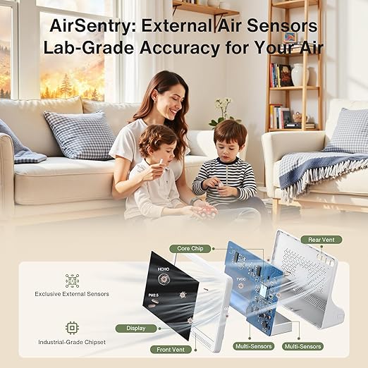 bonoch Upgrade Extended 12-Hour Battery Life 16 in 1 Air Quality Monitor Indoor with 7" Display, Professional Air Quality Meter for CO2, TVOC, PM2.5, PM1.0, PM10, HCHO, Temperature Humidity AQI & Time
