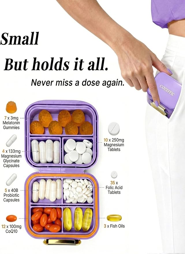 Small Pill Case Travel Pill Box with 7 Compartments for Purse - Compact Pill Organizer for Medicine Vitamin - Portable Container for Supplements & Fish Oil - Lavender