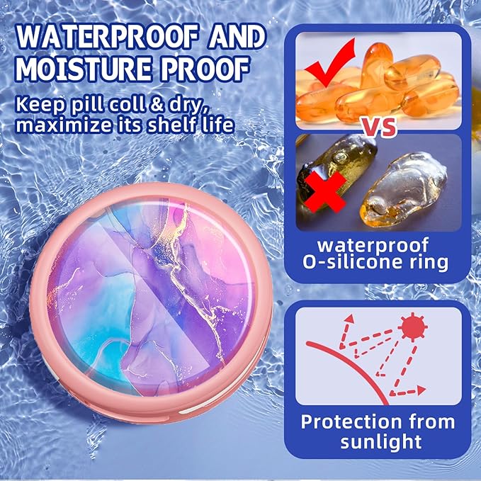 Serfeymi Small Pill Box - 3 Compartments Portable Pill Box for Purse Pocket, Compact Mini Travel Pill Case - Suitable for Medicine, Vitamin, Fish Oil, Supplements - Pink(Fluid Art)